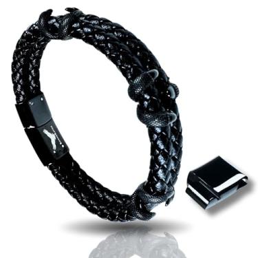 Imagem de RogueRaven Pulseira masculina de couro preto Premium I | Couro trançado genuíno: designs de corrente simples, dupla, empilhada e de aço inoxidável | Pulseira masculina de couro genuíno com fecho de