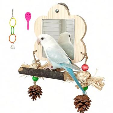 Imagem de Acsist Espelho de pássaro com suporte de poleiro, brinquedos de papagaio balanço, brinquedos de periquito com brinquedo de mastigar para calopsita Conure Lovebirds Canários (pinha)