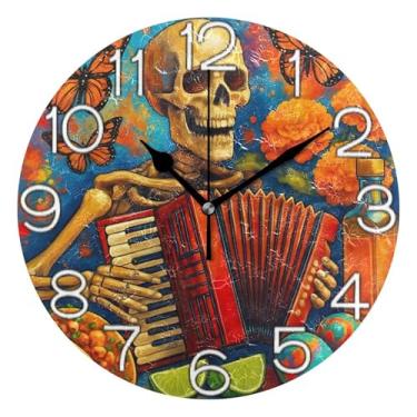 Imagem de GAIGEO Relógio de parede analógico decorativo funky alimentado por bateria relógio de sala de aula, arte de parede boêmio, decoração de casa, acordeão de esqueleto engraçado, 25 cm, ponteiros pretos