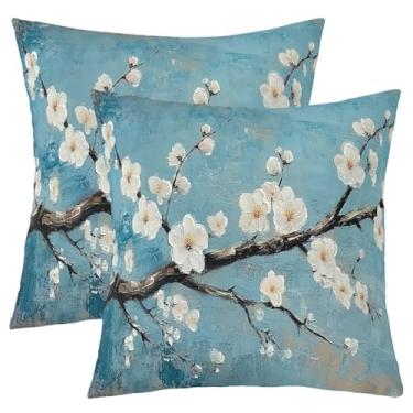 Imagem de jejeloiu Capas de almofada de flor de ameixa branca, 40,6 x 40,6 cm, azul-petróleo, quadrado, conjunto de 2 capas de almofada para meninos e meninas, ramos de flores florais, fronhas botânicas para