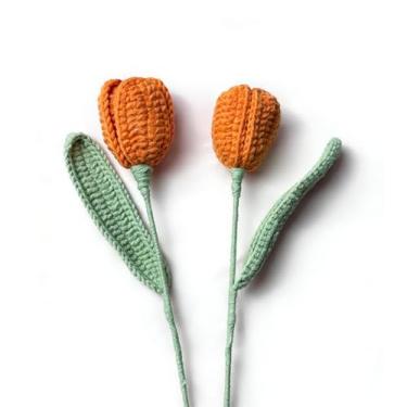Imagem de LTGICH Tulipas de crochê, flores artificiais, acabamento feito à mão, tulipas tricotadas com folha e haste longa para decoração de centros de casa, dia dos namorados, aniversário de casamento (laranja