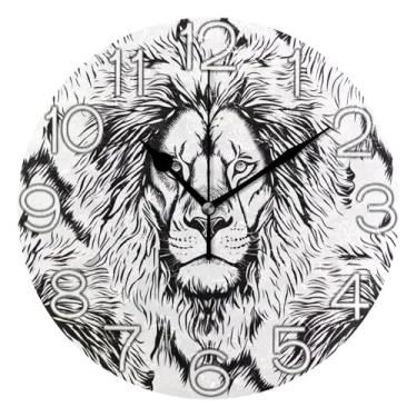 Imagem de GAIGEO Relógio de parede analógico decorativo funky alimentado por bateria relógio de escritório cozinha, arte de parede moderna legal decoração de casa leão majestoso preto arte branca, 25 cm