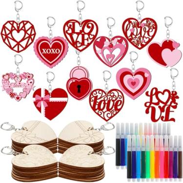Imagem de Cunno 96 peças de corações de madeira para artesanato, dia dos namorados, kit de artesanato, inclui 36 formas de coração de madeira, 36 chaveiros, 24 canetas de aquarela para o dia dos namorados