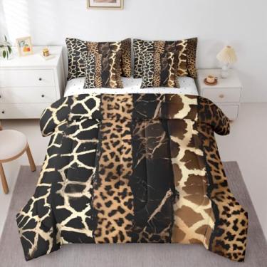 Imagem de Feelyou Conjunto de edredom Queen com estampa de leopardo marrom, 7 peças, estampa de zebra e girafa, cama de guepardo em uma bolsa com edredom, lençóis, fronhas, capas de almofada, decoração de