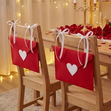 Imagem de Moukeren 4 peças de envelope para cadeira de dia dos namorados, vermelho, coração, coração, para decoração de cadeira de jantar com bolsos de armazenamento com alças de gravata para decoração de festa