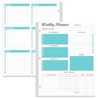 Imagem de Recargas de planejador semanal de 3 furos – 53 folhas/106 páginas, agenda semanal para fichários de 3 anéis, papel branco de 100 g/m², dura 1 ano, sem data, 21 x 28 cm, azul-petróleo