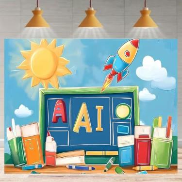 Imagem de Papel de parede infantil com desenho animado aquarela para fotos escolares, foguete de sol, letras ABC, quadro-negro, decoração de sala de aula, primeiro dia de aula, papel de parede fotográfico (A