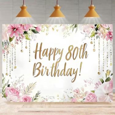 Imagem de Pano de fundo de ouro rosa para aniversário de 80 anos, rosa, floral, verde, corrente com contas douradas, enfeite de borla, faixa feminina para casais, aniversário de 80 anos, banner, mesa de bolo