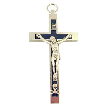 Imagem de Religious Art Crucifixo peitoral esmaltado preto prateado com ossos de caveira de 8,5 cm, 3.5L" x 3.5W", esmalte