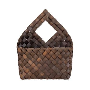 Imagem de CINWEN Cesto de armazenamento suspenso de fibra de madeira tecida à mão – Caixa quadrada aberta (29 × 16,3 x 19 cm) com alça oca, estilo vintage para itens pequenos, revistas e plantas