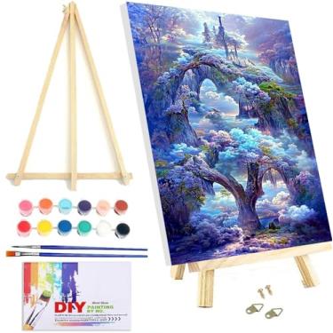 Imagem de VIGEGU Kit de pintura por números para adultos iniciantes com tela emoldurada - com cavalete de madeira, paisagem de árvore de montanha, pintura a óleo faça você mesmo, com pincéis de tintas acrílicas