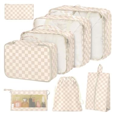 Imagem de Conjunto de 8 cubos de embalagem para malas, cubo de embalagem com sapato, cosméticos, roupas e acessórios, bolsas organizadores de bagagem de viagem para mulheres e homens (grade cáqui-A)