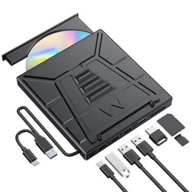 Imagem de MAHAHUM Unidade externa de CD/DVD 9 em 1 com suporte de telefone, USB 3.0 e tipo-C gravador de DVD ± RW/CD, unidade óptica Plug and Play compatível com laptop, desktop, Windows 11/10/8/7, Mac, Linux