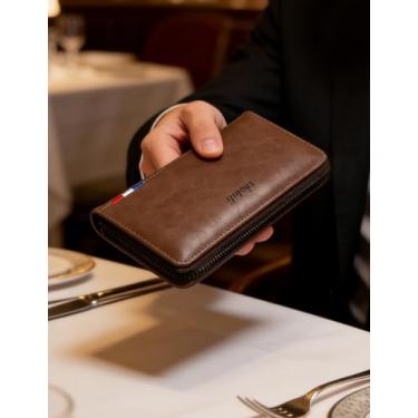 Imagem de Carteira de couro longa para homens, carteira de couro encerado vintage com zíper único com grande capacidade e bolso para telefone, bolsa de mão minimalista urbana multifuncional para itens