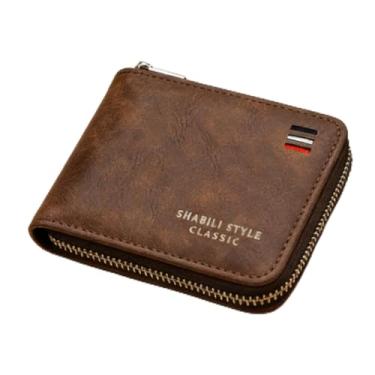 Imagem de Carteira masculina de couro curta com zíper, organizador funcional com zíper (café escuro)