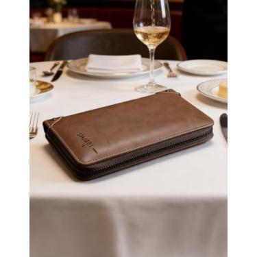 Imagem de Bolsa de couro para homens, carteira longa com zíper único com grande capacidade e organizador de cartões, transporte manual profissional com bloqueio de RFID para itens essenciais diários (marrom