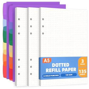 Imagem de Antner Refil de papel A5 pontilhado com 6 furos para fichários A5 com 6 anéis, 135 folhas, refil de papel de enchimento de folhas soltas com divisórias para cadernos recarregáveis, diários