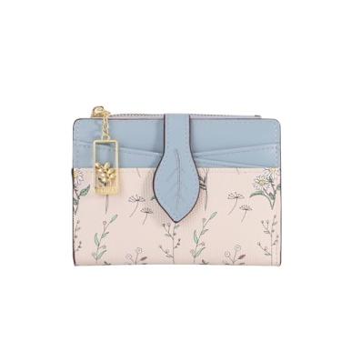 Imagem de Carteira feminina compacta RFID dobrável de couro PU porta-cartões com bolso para moedas, design floral para mulheres e meninas, Azul, 4.5 inches (D) x 3.6 inches (W) x 0.6 inches (H), Minimalismo