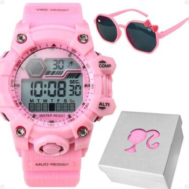 Imagem de relogio digital infantil prova dagua + oculos sol + caixa rosa origina