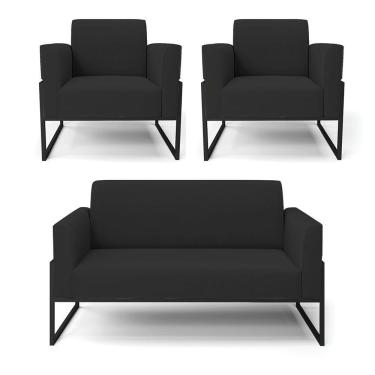 Imagem de Sofá Namoradeira Com 2 Poltronas Base Industrial Alta Preto Marisa Veludo D03 - D\'rossi Cor Preto