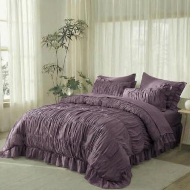 Imagem de Herside Conjunto de capa de edredom com babados roxos, tamanho Queen, roupa de cama boho franzida, 3 peças, shabby chique, luxuosa, com babados, conjunto de capa de edredom de microfibra respirável e