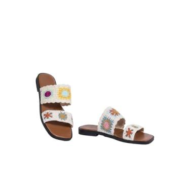 Imagem de GORGLITTER Sandália feminina Boho floral crochê bico aberto alça dupla padrão retrô tecido sandálias rasteiras férias tendência sapatos, Branco, 36