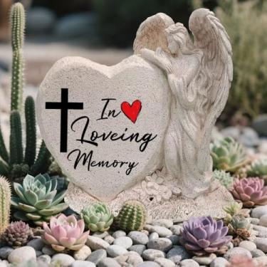 Imagem de Estátua de anjo de jardim com cruz do amor, escultura externa de resina solar, adequada como decoração de túmulo para jardins, gramados, cemitérios, presentes memoriais, decoração de casa