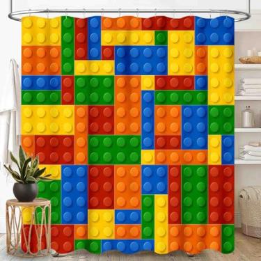 Imagem de TKUYO Cortina de chuveiro de brinquedo de blocos de construção, blocos de tijolos de construção de plástico colorido abstrato padrão geométrico para meninos, tecido impermeável, conjunto de cortina de