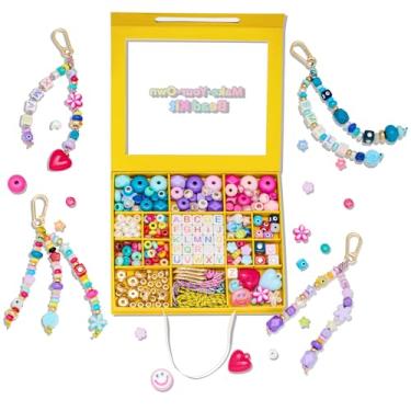 Imagem de HolidayQbee Kit de fabricação de chaveiros de contas DIY para crianças - 400 peças kit de berloques de contas do alfabeto contas de pônei de coração colorido para chaveiros, kit de fabricação de