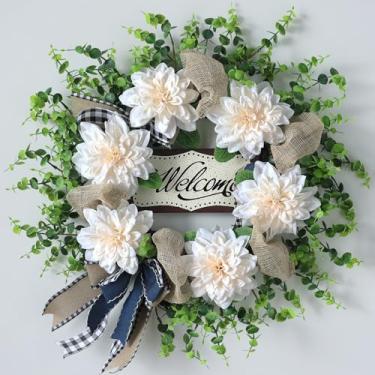 Imagem de Guirlanda de flores artificiais e eucalipto para porta da frente – guirlanda falsa de 61 cm de eucalipto falso com placa de abençoado, guirlanda de plantas vegetais resistentes a UV para decoração de