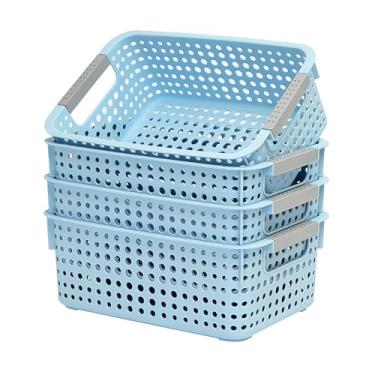 Imagem de Pacote com 4 cestos organizadores de plástico totalmente vazados com alças, organizador multiuso para embaixo da pia do banheiro, armário de cozinha, ideal para artigos de higiene pessoal (azul