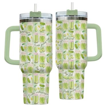 Imagem de GEPOSTORE Copo de picles 1,134 g com alça e canudo, copo de viagem de aço inoxidável isolado, garrafa de água com padrão de picles engraçado para uso diário, presente de aniversário para mulheres