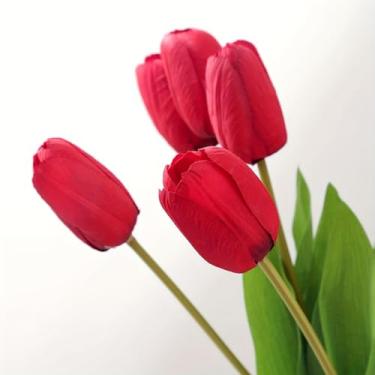 Imagem de 5 peças de tulipas de imitação de 48 cm, falsas, decorações de férias, decorações de casamento, decorações de jardim, acessórios de arranjo de flores (vermelho brilhante)