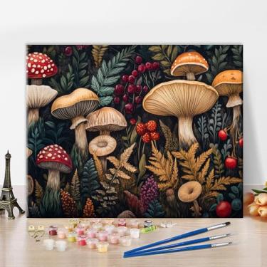 Imagem de TUMOVO Tinta de cogumelo por número para adultos iniciantes, kit de pintura de plantas por números para adultos, pintura à mão a óleo de folha em tela, pintura DIY por números para presente decoração