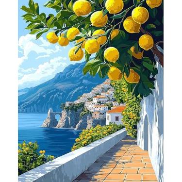 Imagem de Axquilon Kit de pintura por números para adultos iniciantes da Costa Amalfitana kits de pintura por números em tela, kits fáceis de pintar por número, para adultos, pintura a óleo, para presente