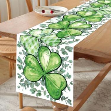 Imagem de Caminho de mesa para o dia de São Patrício, caminho de mesa com padrão de trevo verde retrô, trevo de férias de primavera, decoração de jantar para decoração de casa de fazenda em ambientes internos e