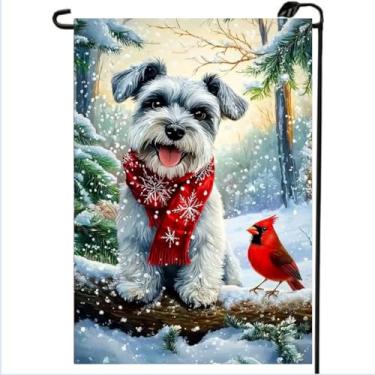 Imagem de Bandeiras de jardim de Natal para exterior 30,5 x 45,7 cm, dupla face, estopa, férias, neve, schnauzer, bandeira de jardim, decorações de jardim de inverno, pequenas bandeiras de Natal para varanda ao