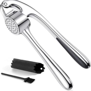 Imagem de Conjunto de espremedor de alho – para gengibre picado, triturado e pasta de alho, fácil de espremer, descascar e limpar com descascador de silicone e escova de limpeza – Liga de zinco durável