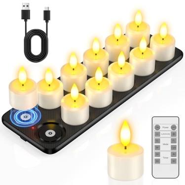 Imagem de PChero Velas sem chama com temporizador remoto e base de carregamento magnético, pacote com 12 luzes de chá de LED recarregáveis à prova d'água velas flutuantes falsas para piscina, lanterna ao ar