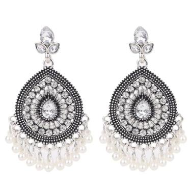 Imagem de fxmimior Brincos de pingente boho indiano Jhumki com pingente de lágrima, folha de cristal boêmio, jhumka, cigano, declaração étnica, sino, miçanga, borla, brincos para mulheres, festas, festivais