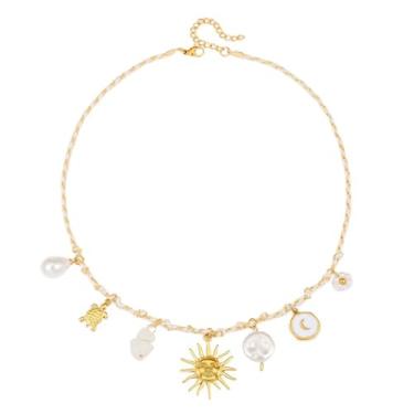 Imagem de Colar com pingente de sol, estrela-do-mar, pérola, coração, tartaruga, sol, dopamina, aço inoxidável, clavícula, joia banhada a ouro