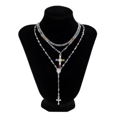 Imagem de tincolia Joias de luxo com pingente de cruz em forma de coração, design em camadas de cristal, gargantilha de flor pequena incrustada de diamante