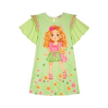 Imagem de Vestido Infantil Alecrim Malha Verde Menina e Gatinho Kukiê-Feminino