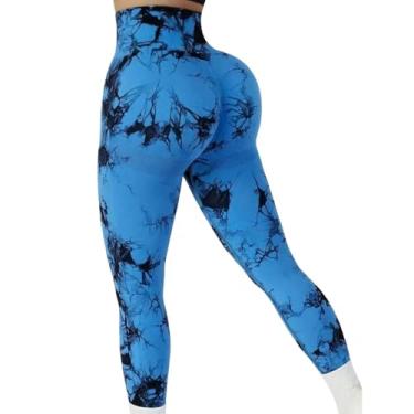 Imagem de tincolia Meia-calça legging feminina tie dye cintura alta levanta bumbum controle de barriga push up sem costura calças de ioga malha-azul-G