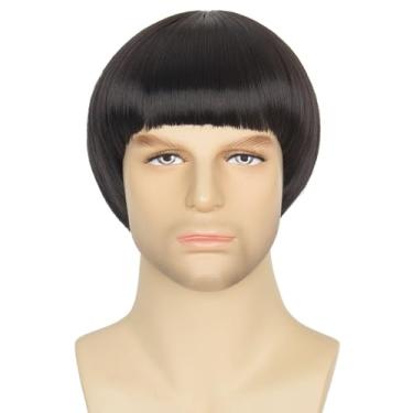 Imagem de Peruca clássica preta curta reta com franja para homens estilo anos 60 cosplay peruca para festa de Halloween