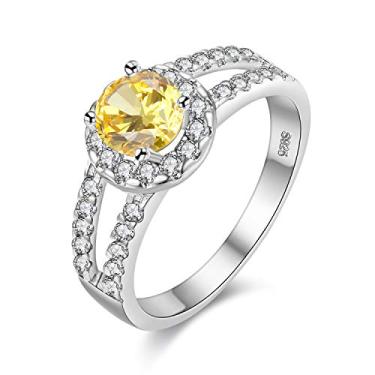 Imagem de Uloveido Anel de aniversário feminino redondo brilhante de zircônia cúbica 2 fileiras com haste dividida cor prata joia de noiva exclusiva J510 Amarelo