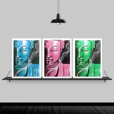 Imagem de Kit 3 Quadros Feng Shui Budas Coloridos 33X24 Moldura Branca