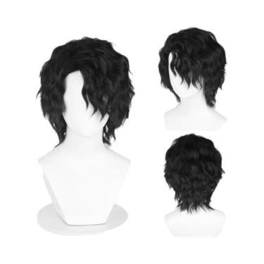 Imagem de Peruca Sintética Curta Preta Ondulada Para Homens, Estilo Anime, Cospl