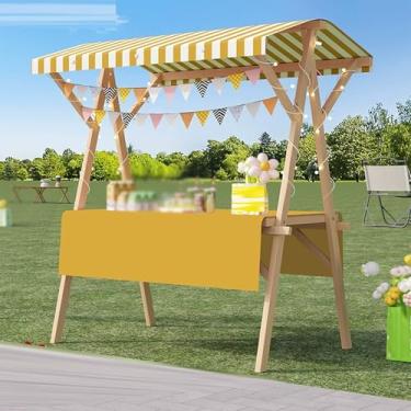 Imagem de Carrinho de mão dobrável leve e portátil com dossel - Suporte móvel para exibição de alimentos, quiosque de cachorro-quente de madeira para barracas de rua, feiras e feiras (120 x 60 cm, amarelo)