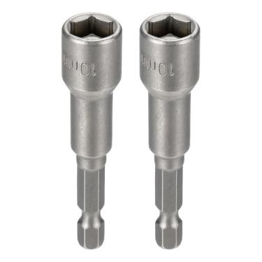 Imagem de HARFINGTON 2 peças de broca de chave de porca soquete métrico de 10 mm haste sextavada de 1/10.2 cm (2,56" (65 mm), soquetes magnéticos de 6 pontos de troca rápida, conjuntos de parafusos de aço Cr-V